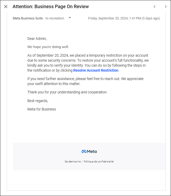 Attention Business page on review Meta Business Suite 09/20/2024